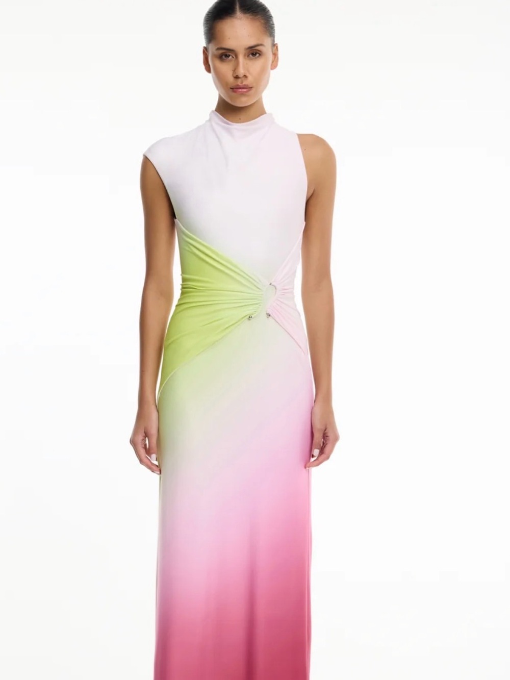 Sleeveless Amren Citrus Dusk Maxi Dress with Twist Detail — White, Lime & Pink